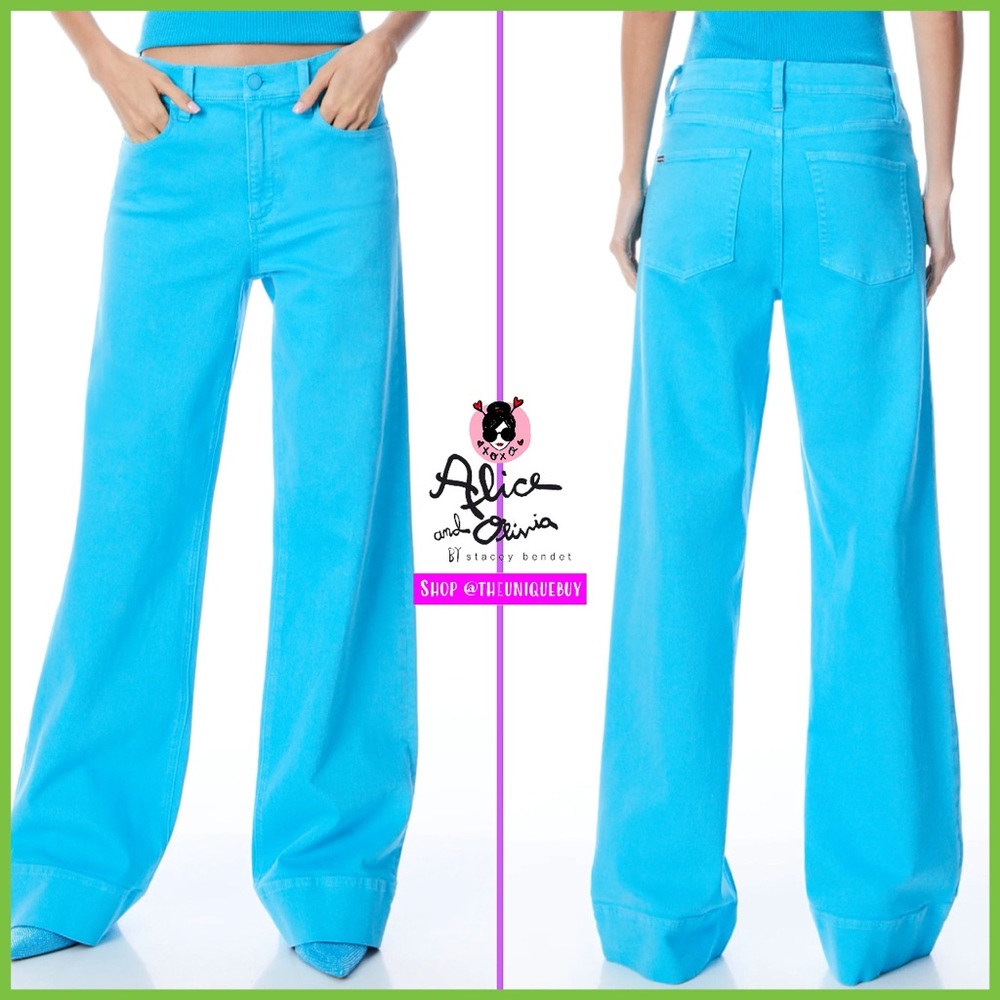 Alice + Olivia Bright Turquoise Wide Leg Jeans